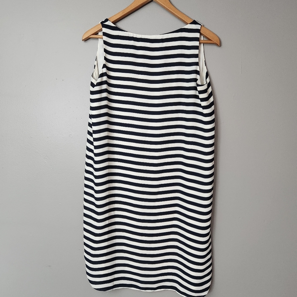 Ann Taylor LOFT Size Medium Striped Navy Sleeveless Sheath Dress tie belt - Picture 3 of 9